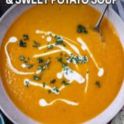 Butternut squash and sweet potato soup with a text overlay title.