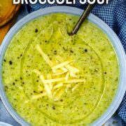 Creamy broccoli soup with a text title overlay.