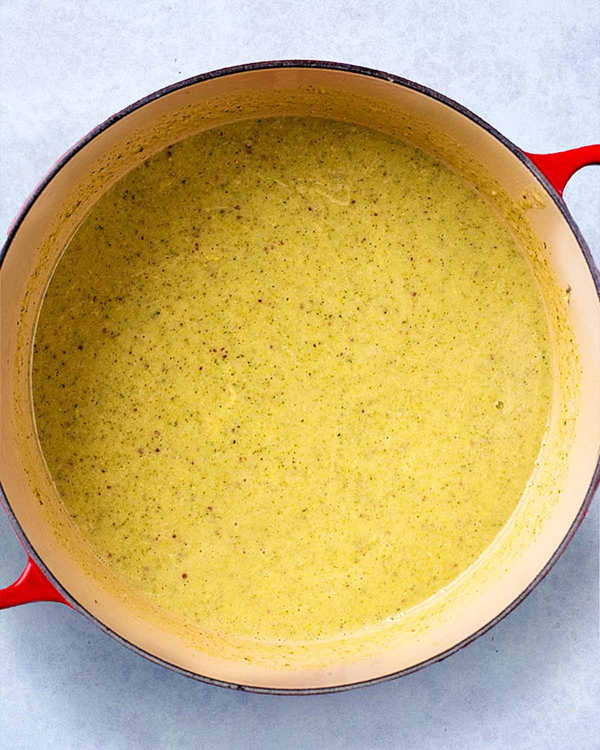 Blended soup in the pan.