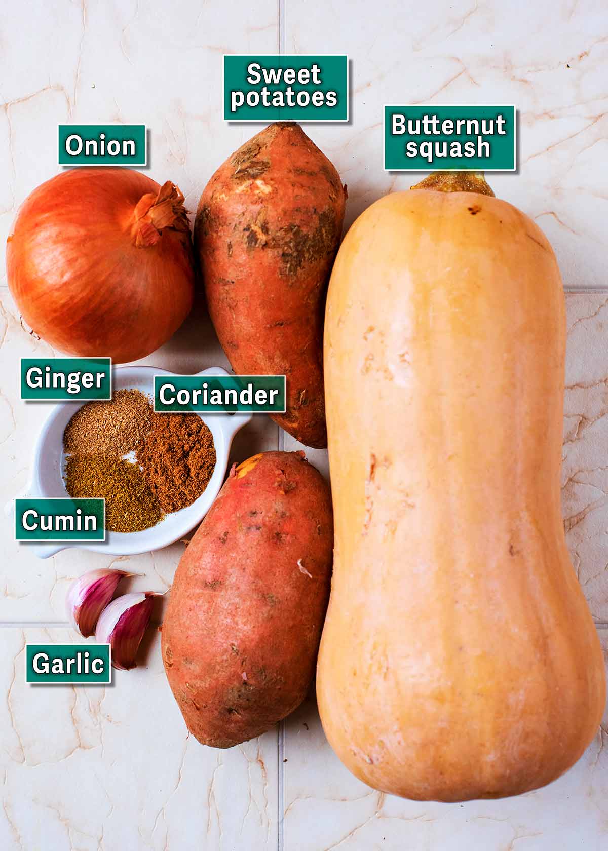 All the ingredients needed for this recipe with text overlay labels.