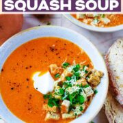 Sweet potato and butternut squash soup with a text title overlay.