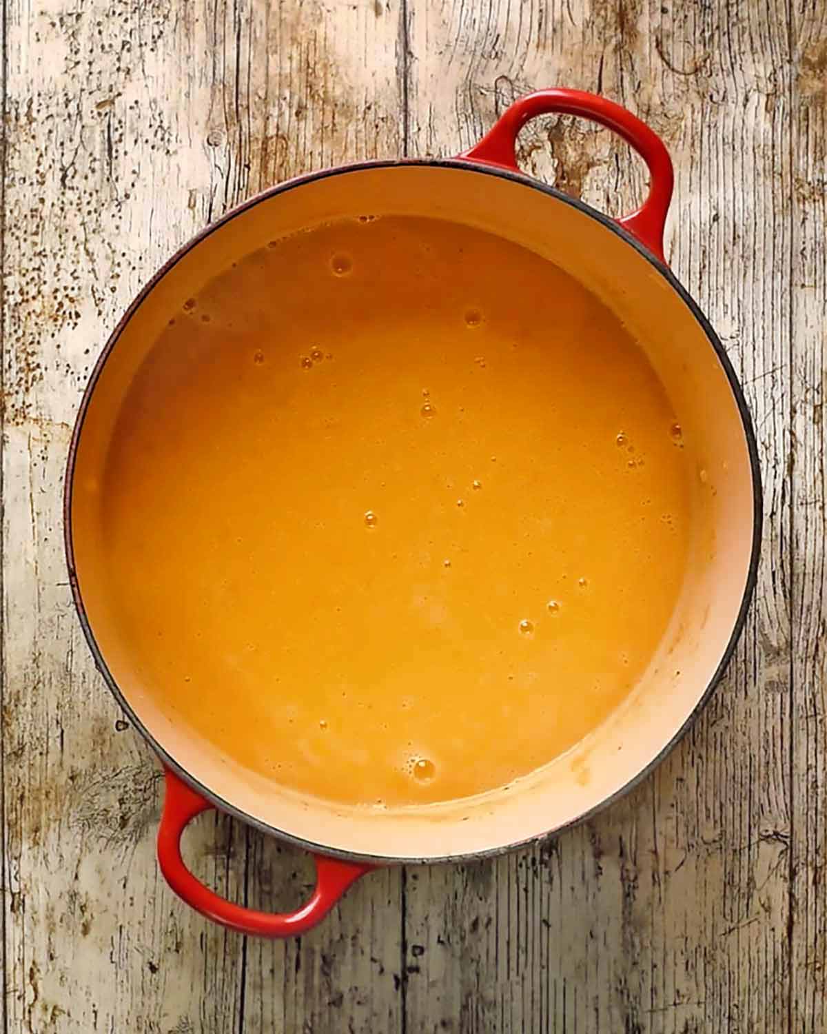 Blended soup in the pan.