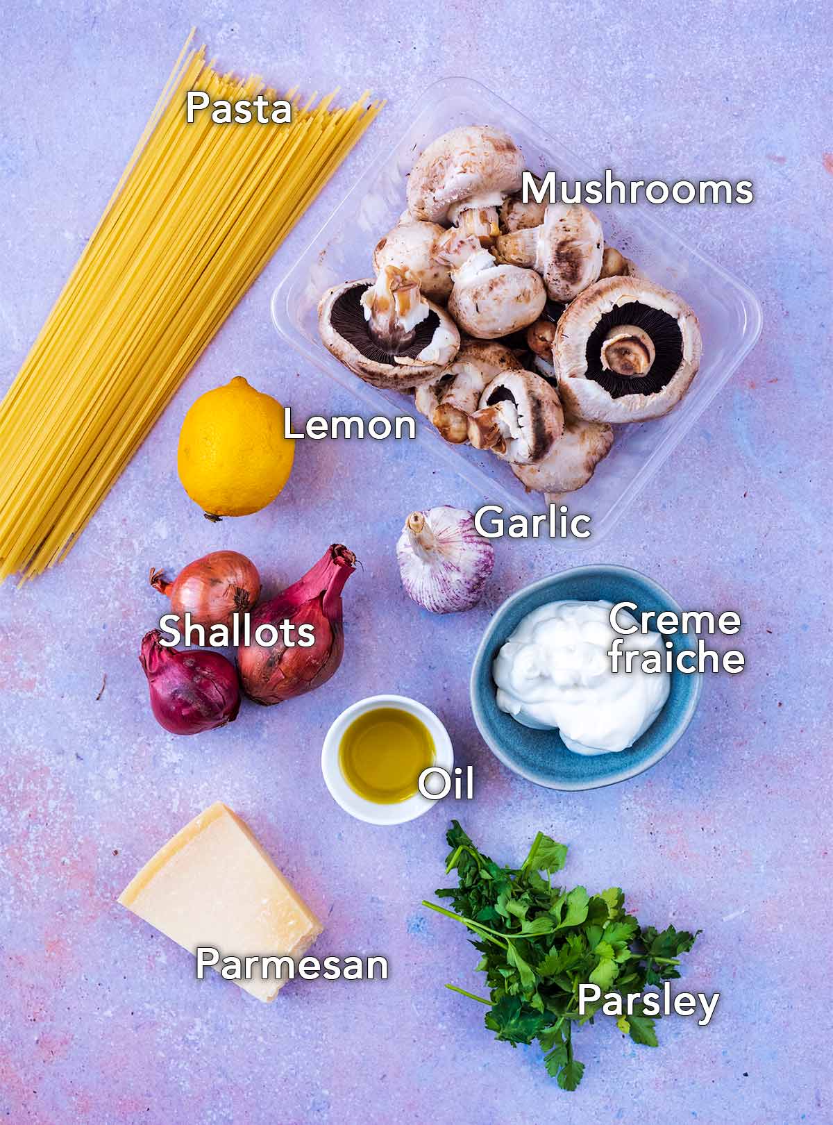 All the ingredients needed for this recipe with text overlay labels.