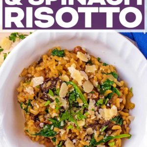 Mushroom and spinach risotto with a text title overlay.