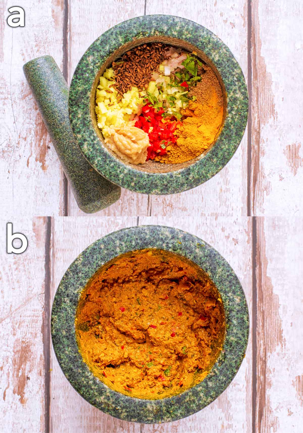 Two shot collage of curry paste ingredients in a mortar bowl, before and after pounding.