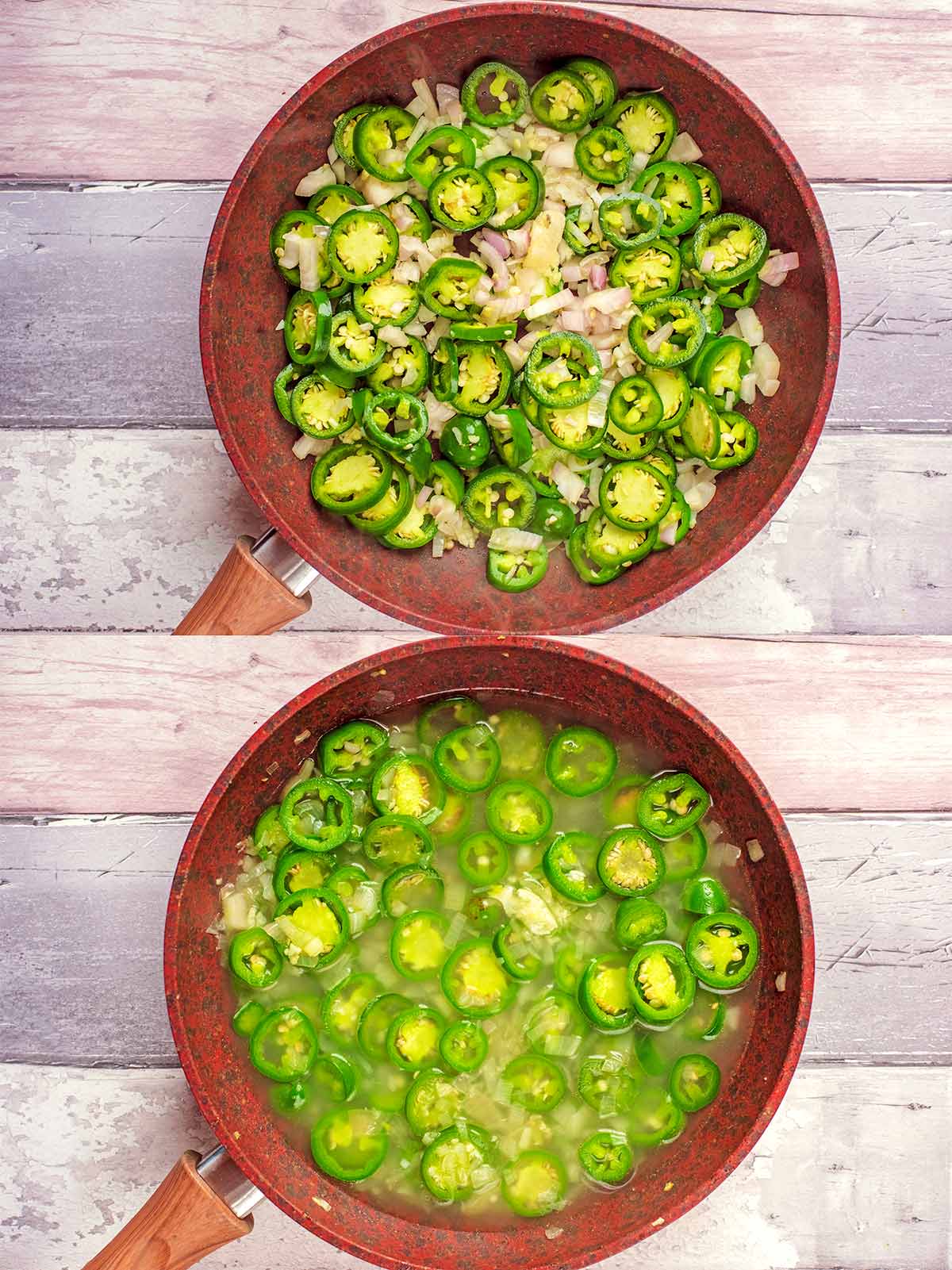 Two shot collage of sliced jalapenos and chopped shallots in a pan, before and after cooking.