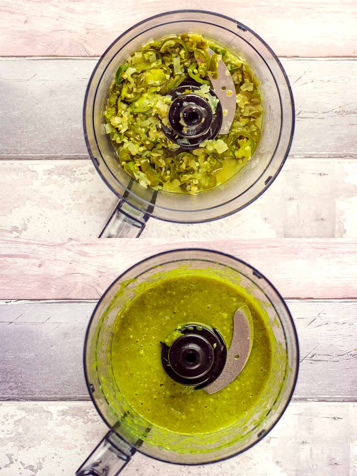 Two shot collage of the jalapeno mixture in a blender, before and after blending.