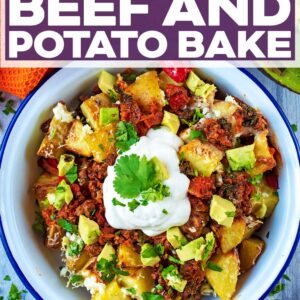 A bowl of Mexican beef and potato bake with a text title overlay.