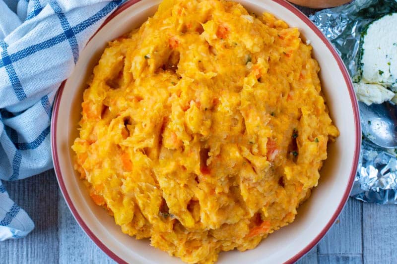 Vegetable Mash in a white bowl.