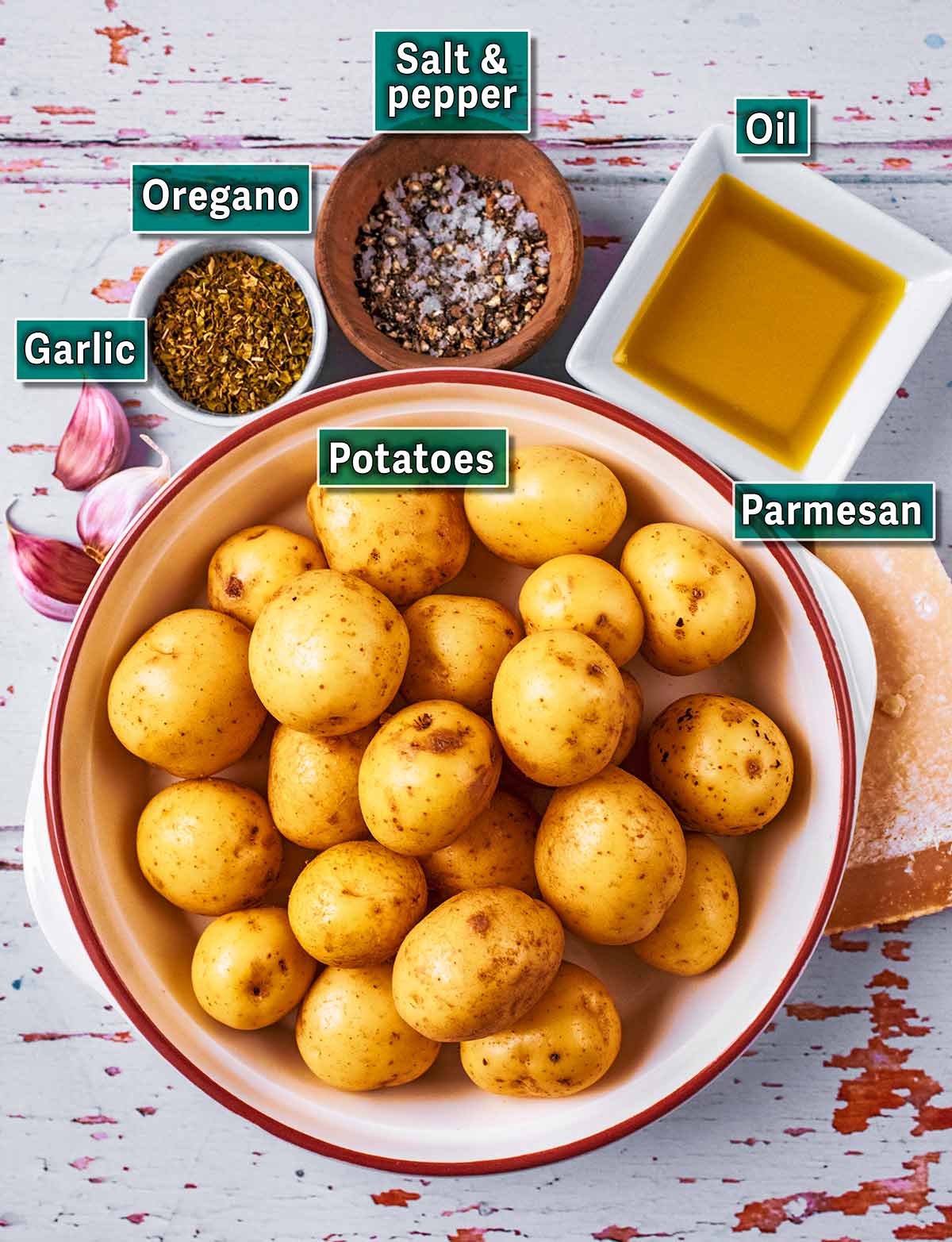 All the ingredients needed for this recipe with text overlay labels.