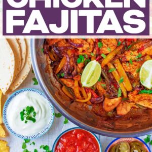 Oven baked chicken fajitas with a text title overlay.