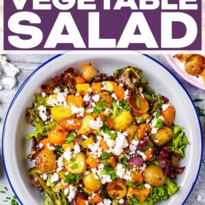 Roasted vegetable winter salad with a text title overlay.