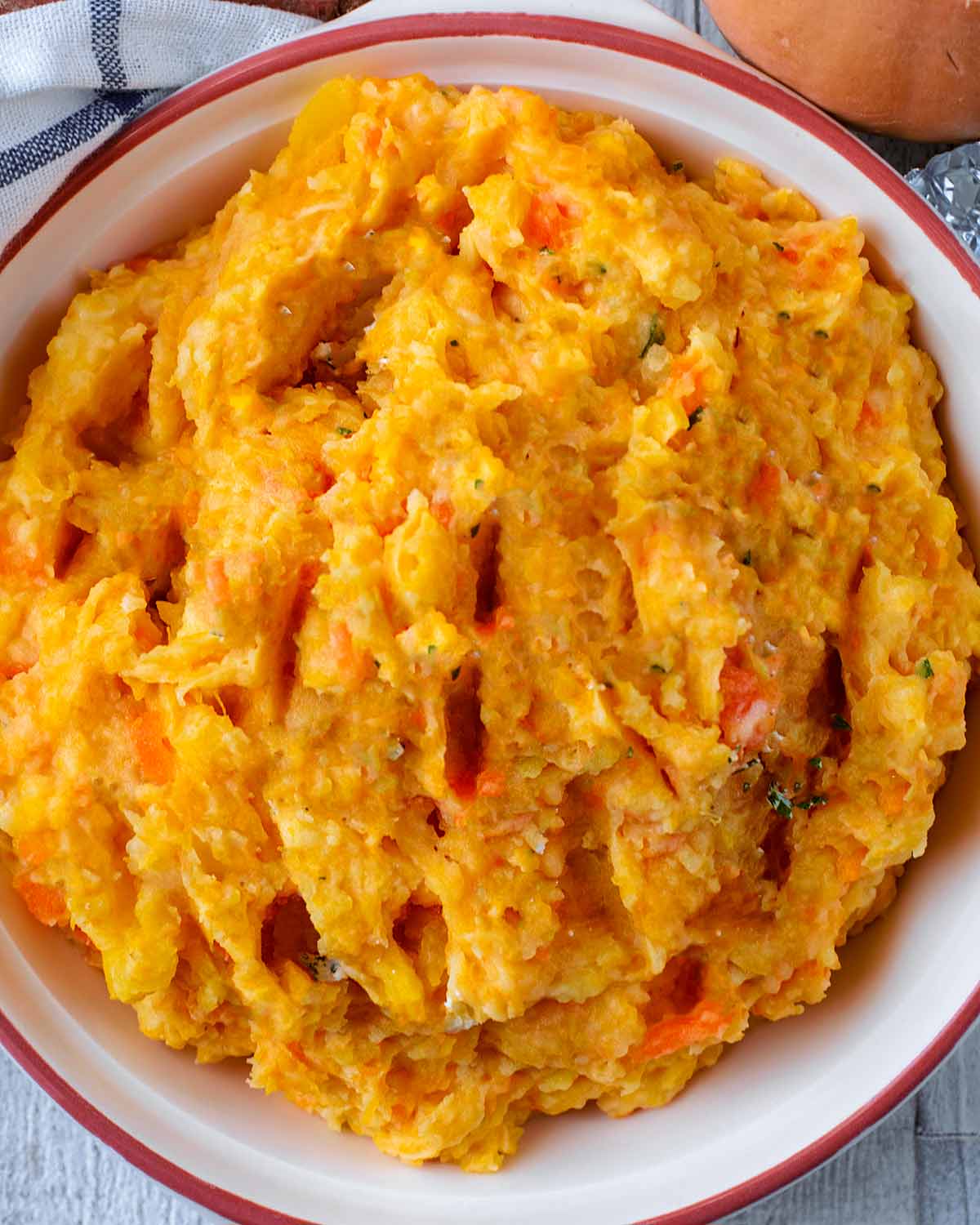 Vegetable Mash in a white bowl.