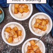 Coconut rice pudding with a text overlay title.