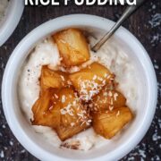 Coconut rice pudding with a text overlay title.