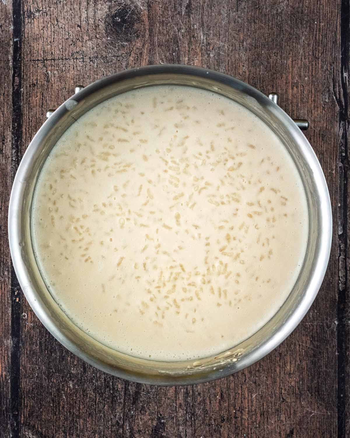 Cooked rice pudding in a saucepan.