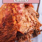 Pulled lamb with a text overlay title.