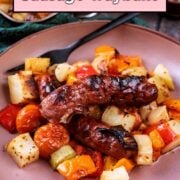 Sausage traybake with a text overlay title.