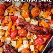 Sausage traybake with a text overlay title.