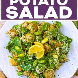 Mustard potato salad with a text title overlay.