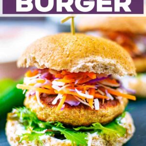 Salmon burger with a text title overlay.