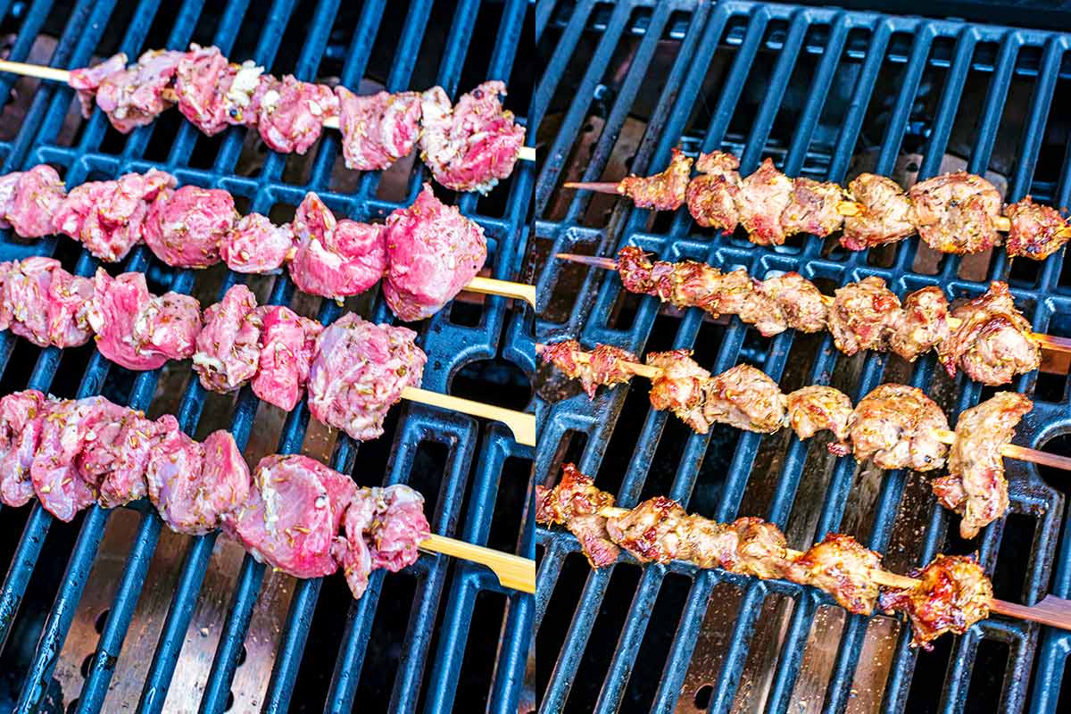 Two shot collage of lamb skewers on a barbecue grill, before and after cooking.