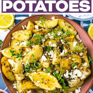 Greek Potatoes with a text title overlay.