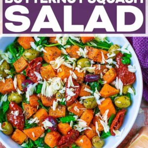 Roasted butternut squash salad with a text title overlay.