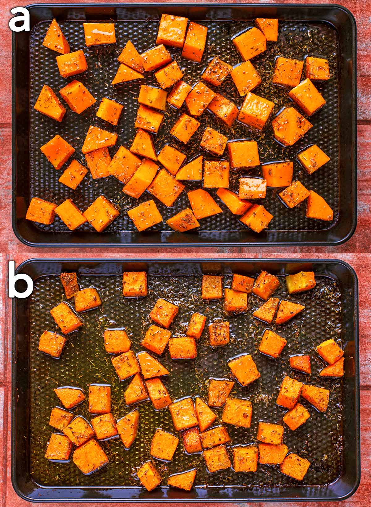 Two shot collage of squash cubes on a baking tray, before and after roasting.