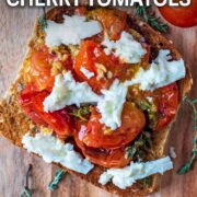 Roasted cherry tomatoes with a text overlay title.