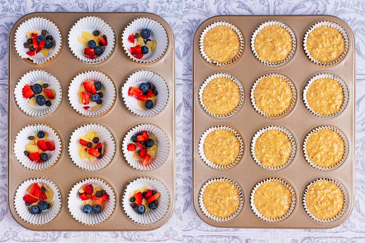 Two shot collage of muffin cases containing berries and nuts, then filled with muffin batter.