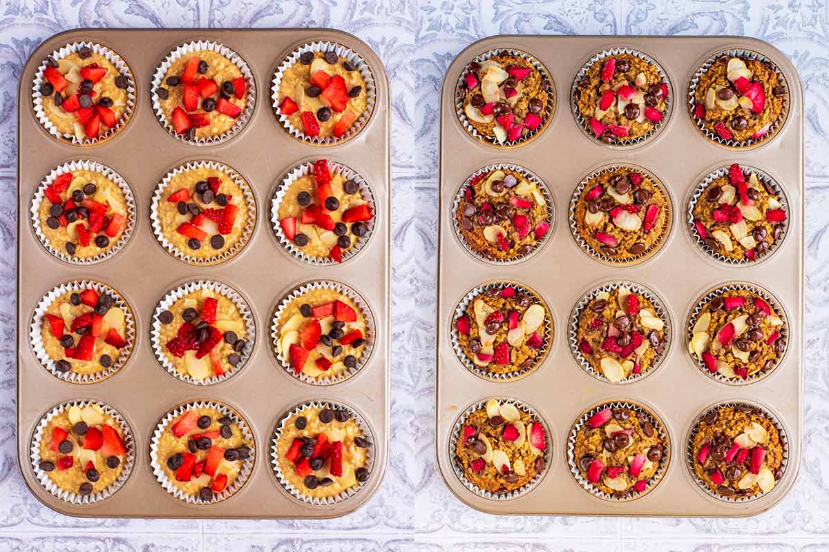 Two shot collage of ucooked muffins topped with more berries and nuts, then cooked muffins.