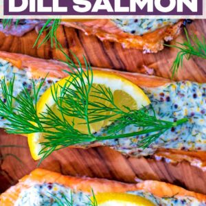 Creamy dill salmon with a text title overlay.