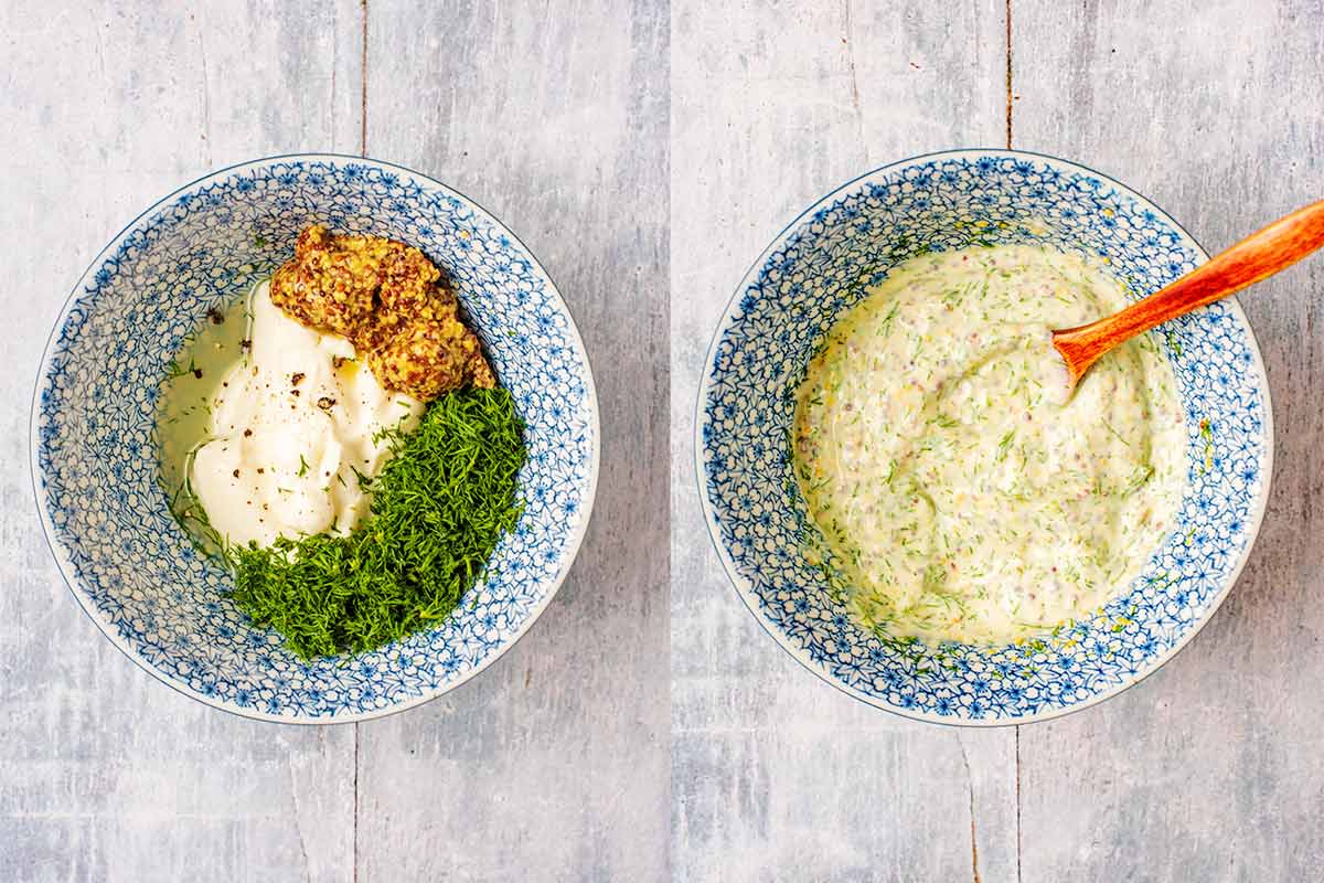 Two shot collage of yogurt, mustard and dill in a bowl, before and after mixing.