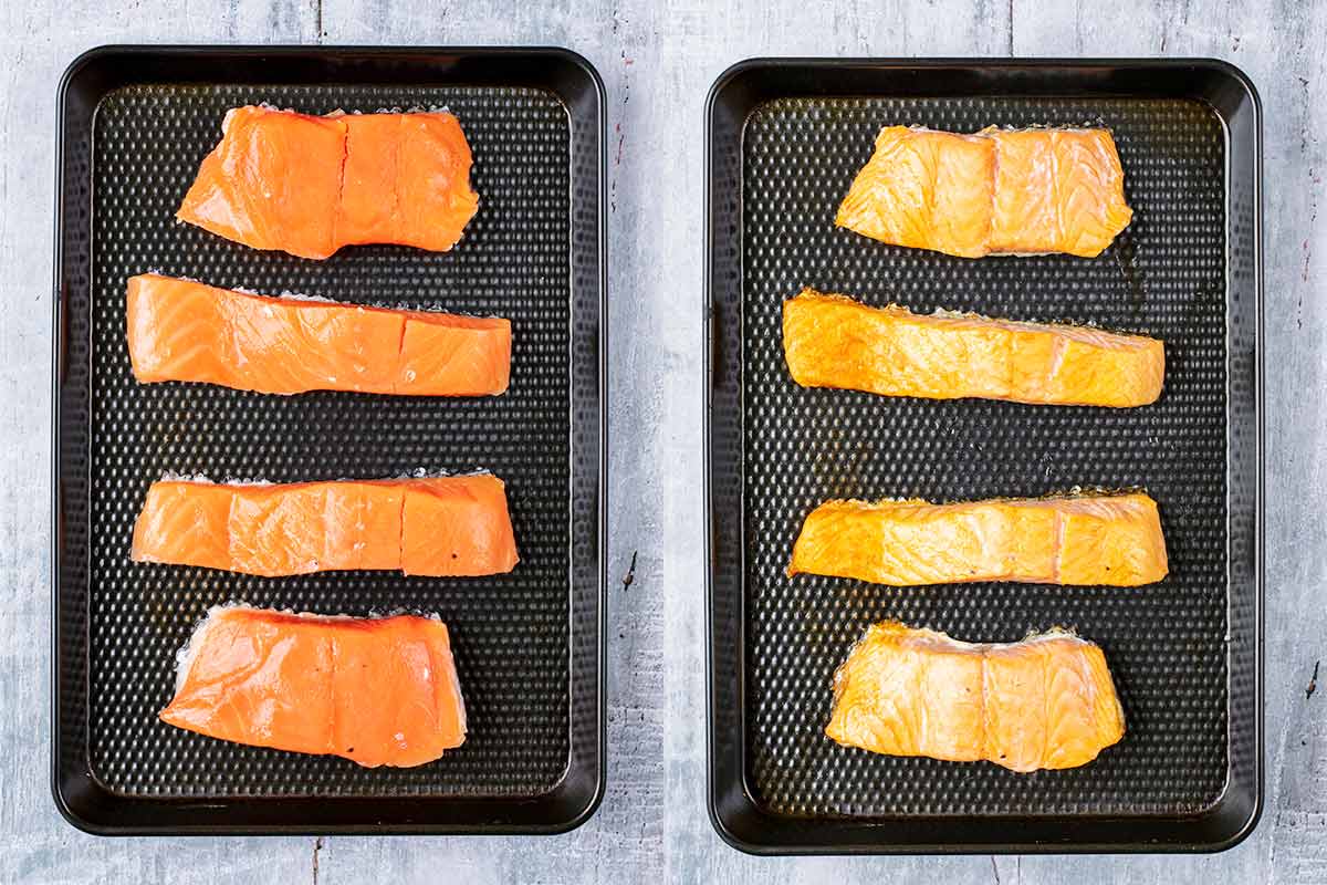 Two shot collage of four salmon fillets on a baking tray, before and after cooking.
