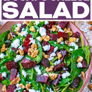 Beetroot and goat's cheese salad with a text title overlay.