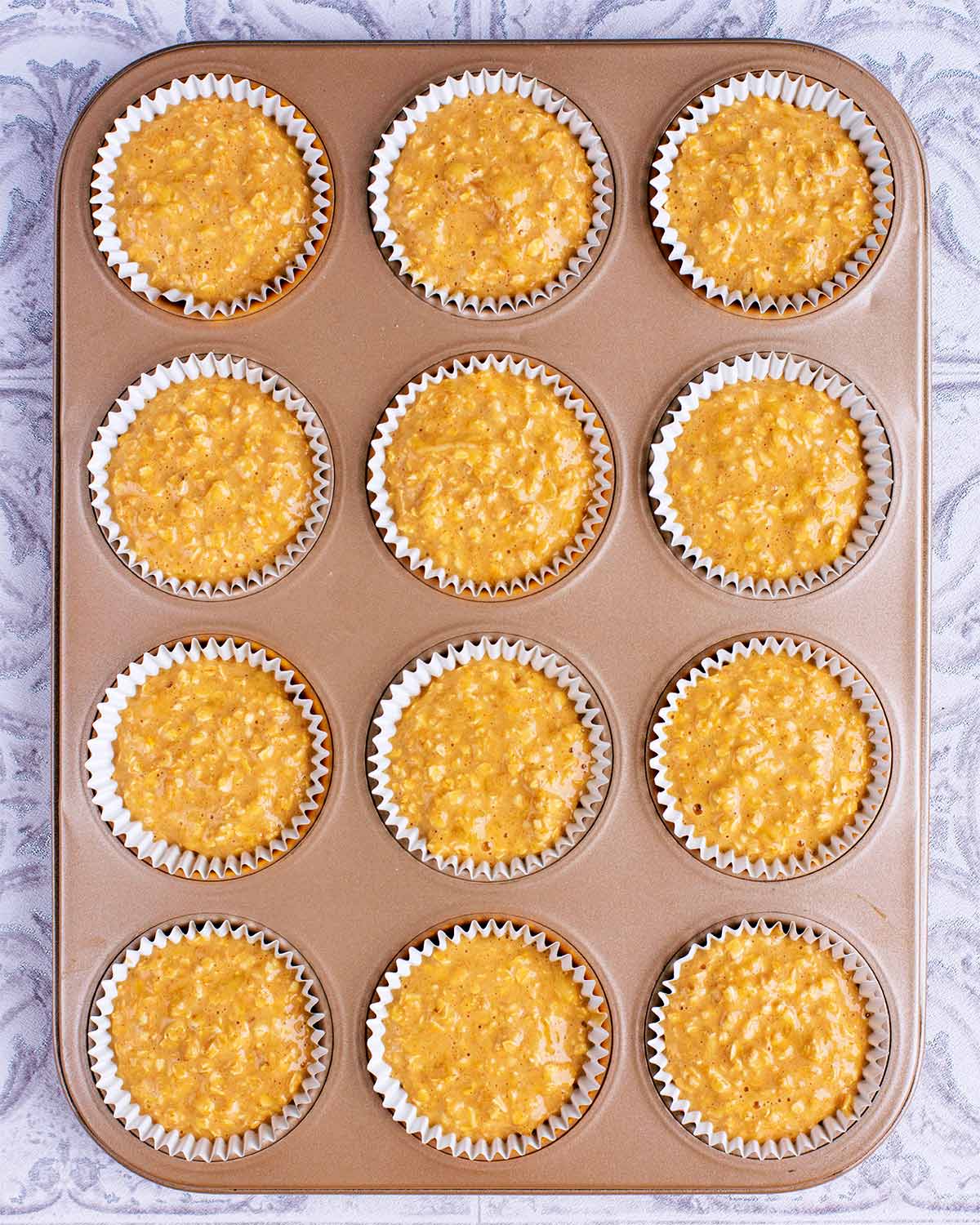 Muffin batter poured into the muffin cases.