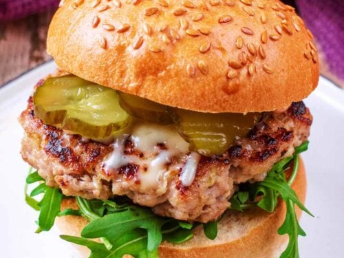 Pork and apple burger in a sesame seed bun with lettuce and pickles.