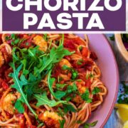 Prawn and Chorizo Pasta with a text title overlay.