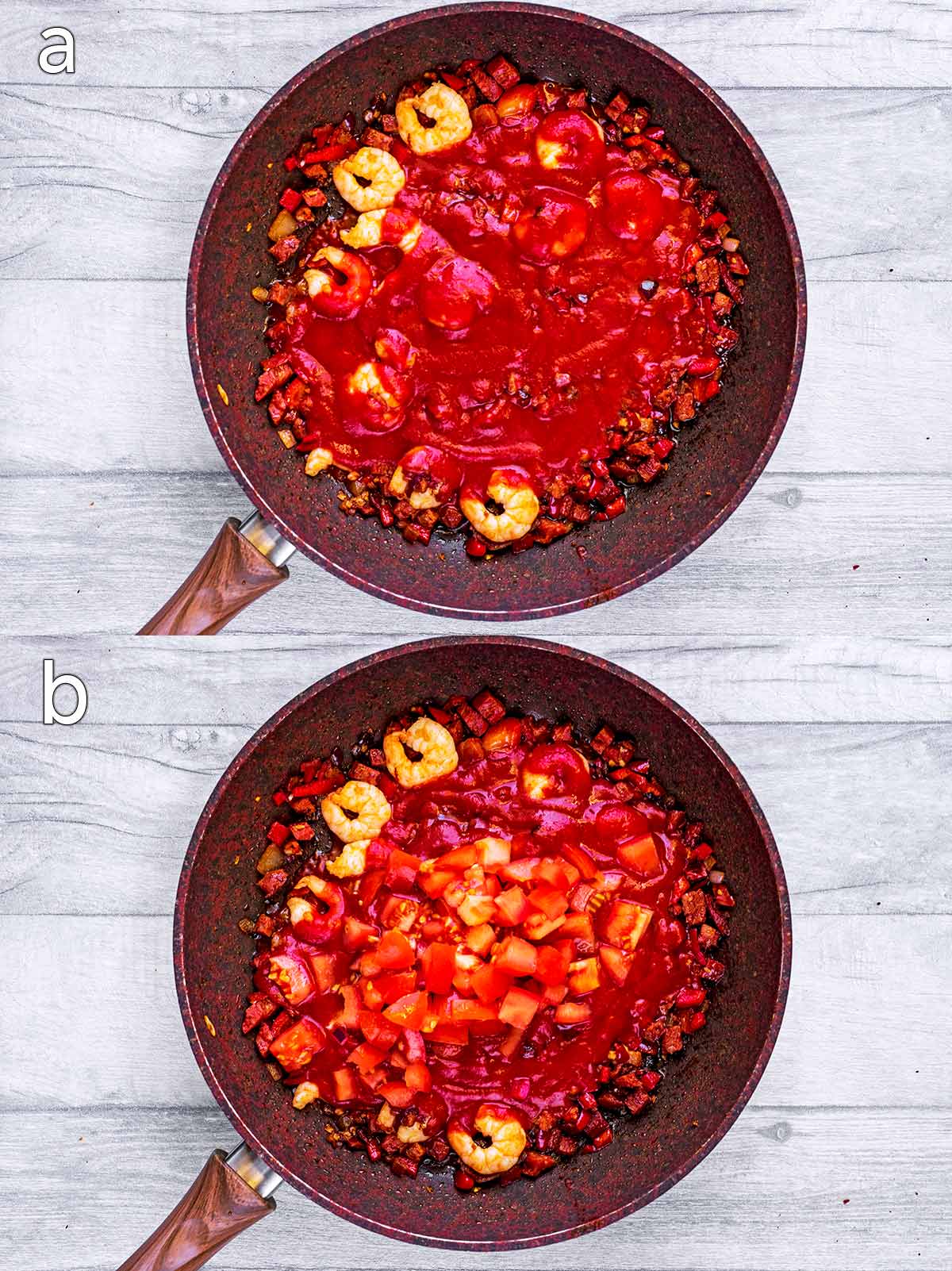 Two shot collage of passata added to the pan then chopped tomatoes added.