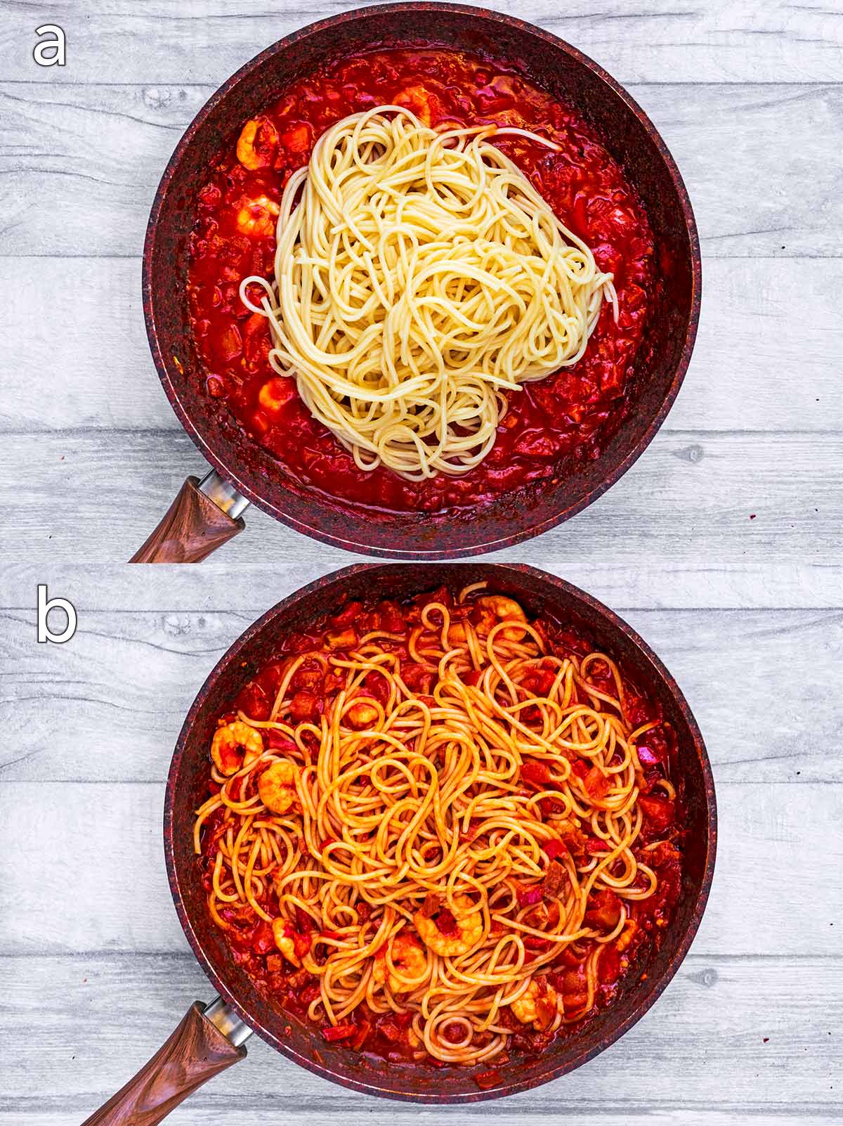 Two shot collage of cooked spaghetti added to the pan, then mixed into the sauce.