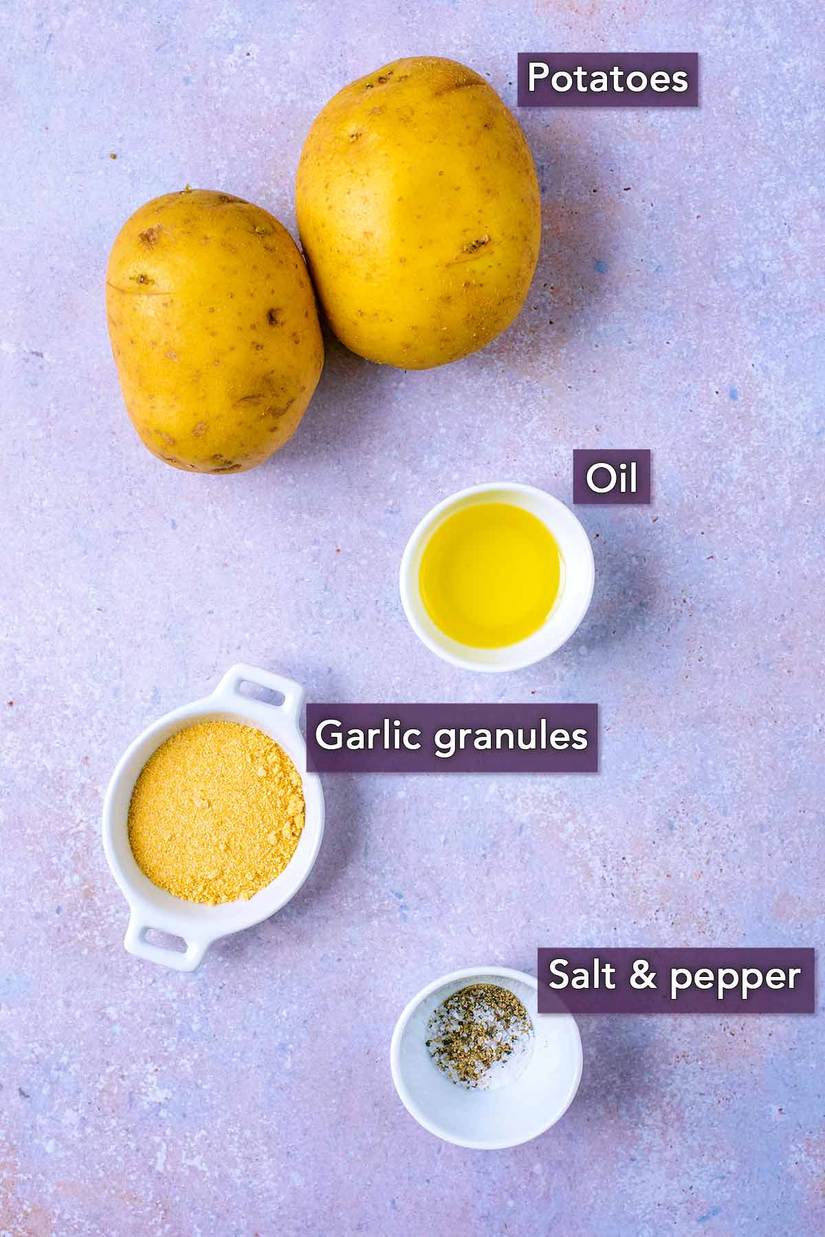 The ingredients needed to make air fryer chips with text overlay labels.