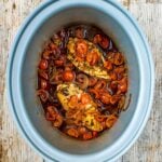 Slow cooker balsamic chicken in a slow cooker pot.