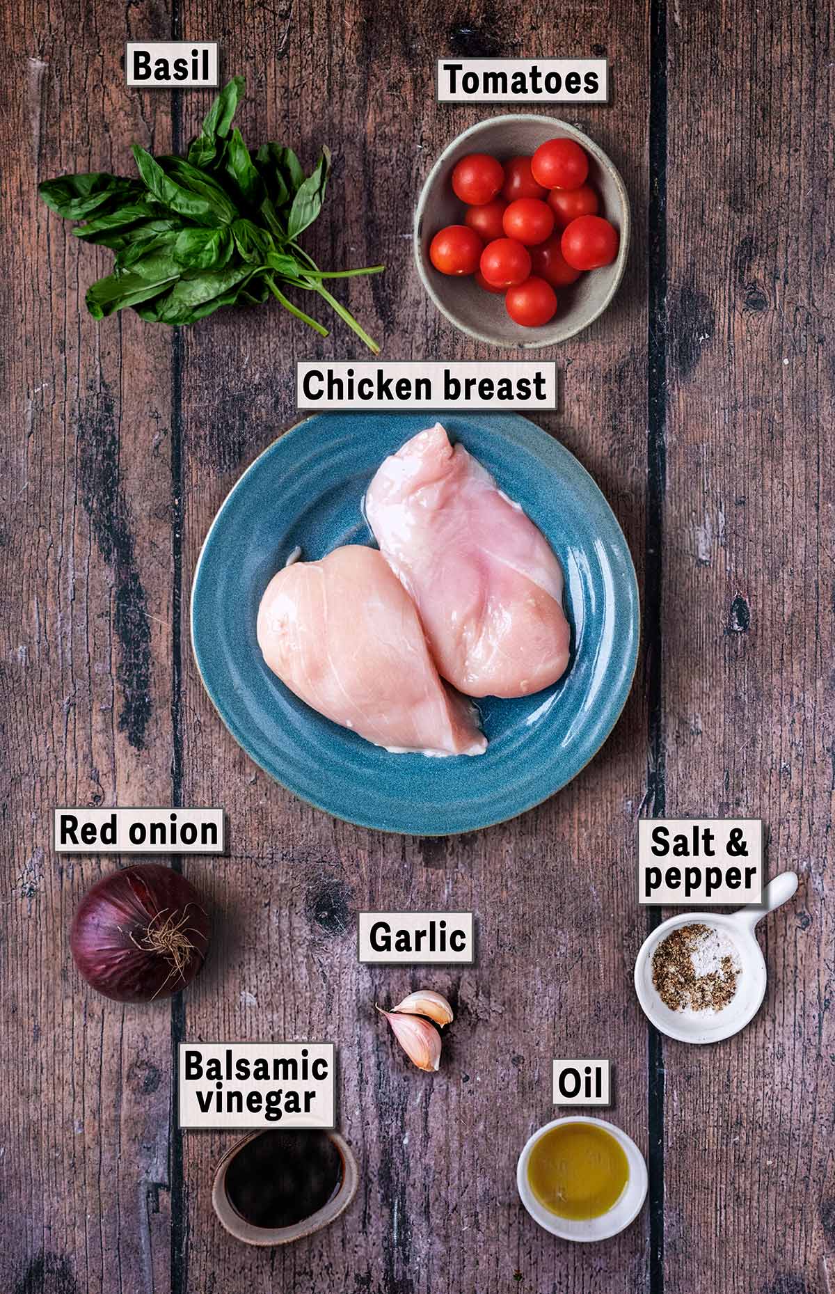 All the ingredients needed for this recipe each with a text overlay label.