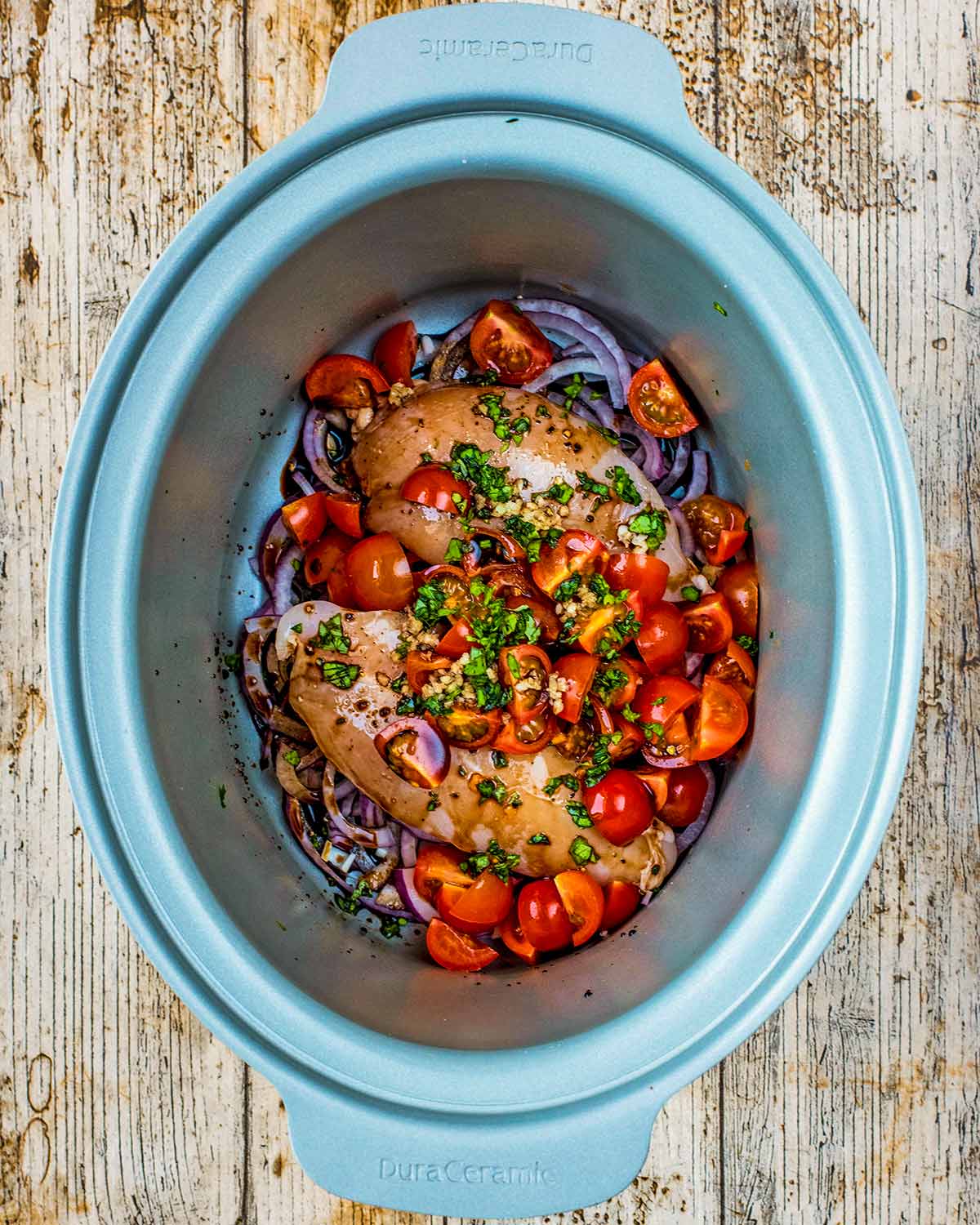 Balsamic vinegar poured over everything.