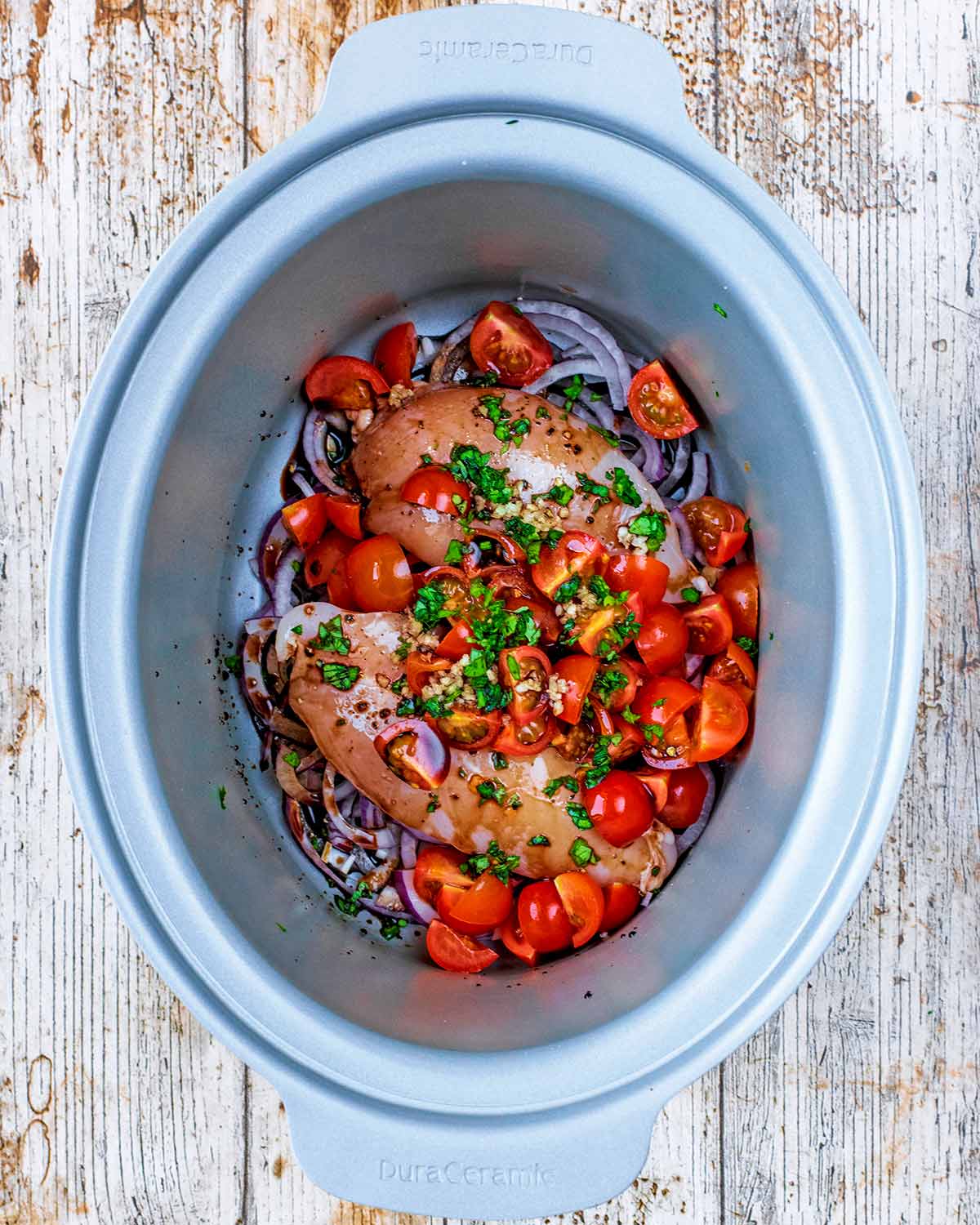 Balsamic vinegar poured over everything.