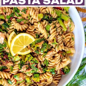 Salmon Pasta Salad with a text title overlay.