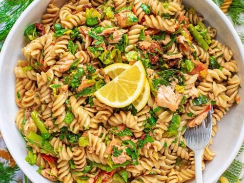 Salmon Pasta Salad in a round bowl.