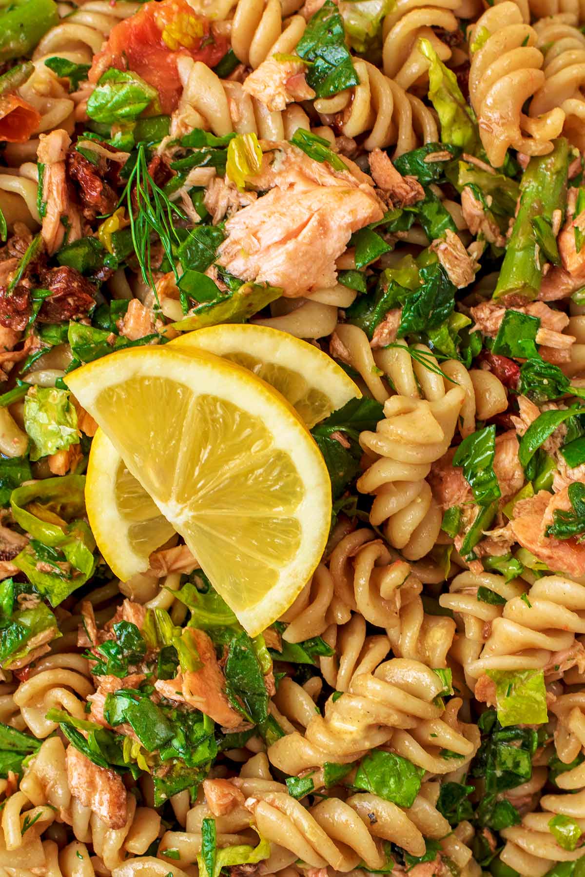 Two lemon slices on top of a salmon pasta dish.