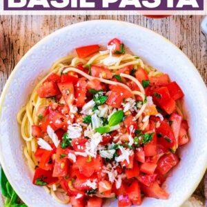 Tomato basil pasta with a text title overlay.